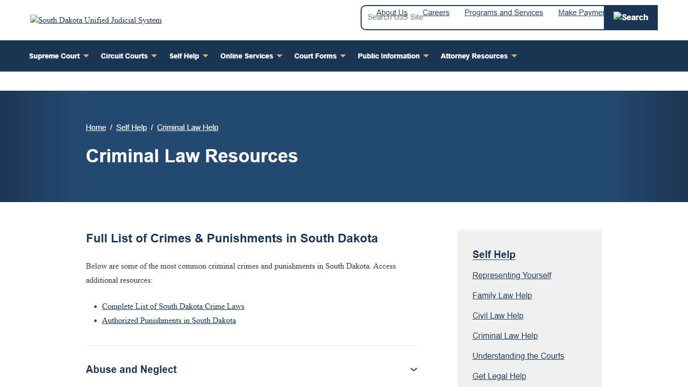 South Dakota Criminal Law Resources SD UJS Self Help SD UJS