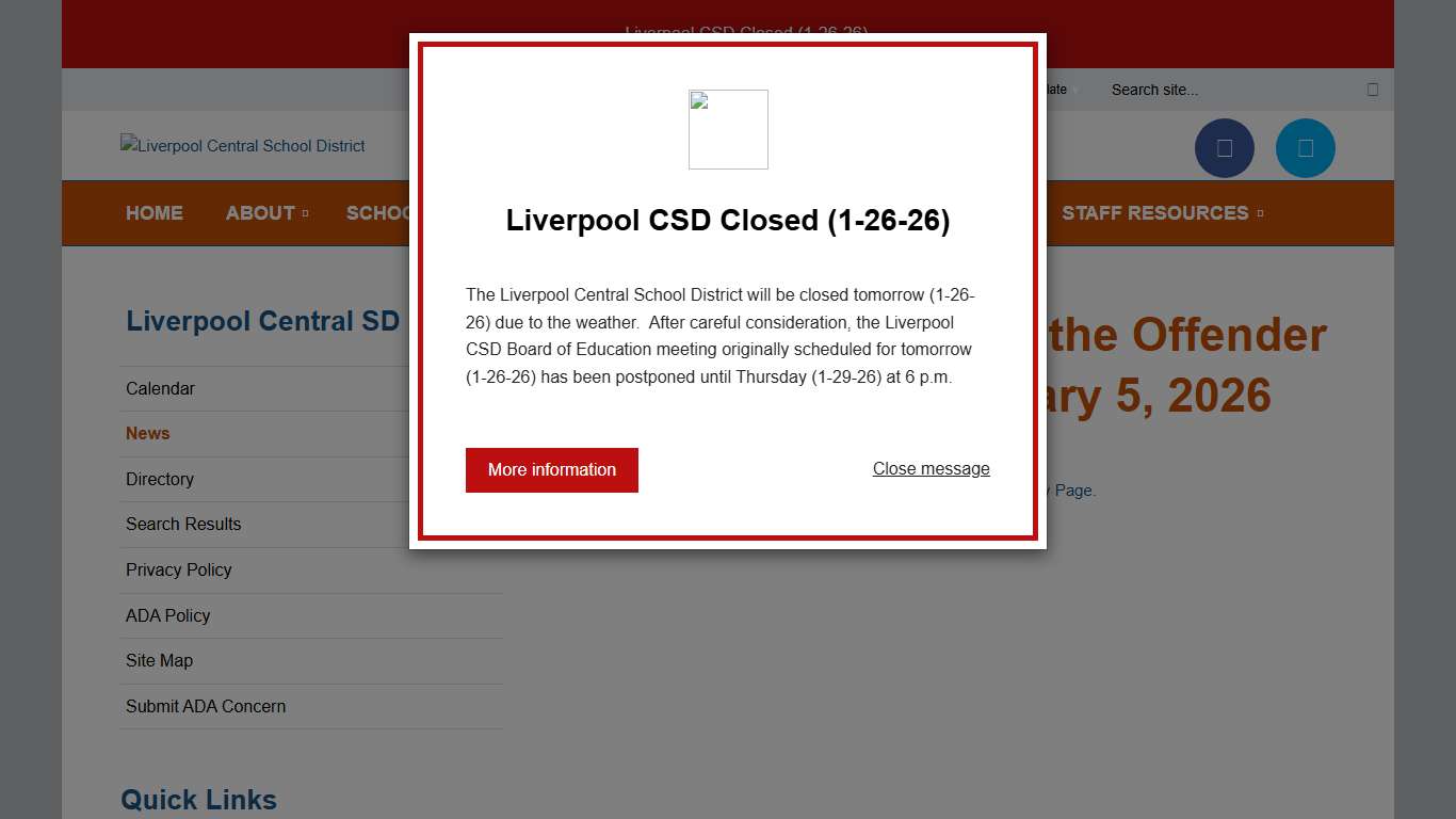 New Notice Added to the Offender Registry Page - January 5, 2026 Liverpool Central SD