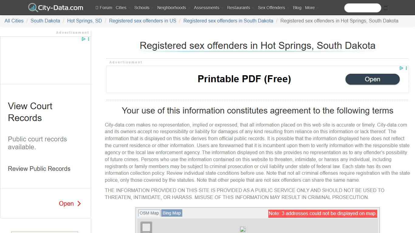 Registered sex offenders in Hot Springs, South Dakota - crimes listed, registry-based, living in this city